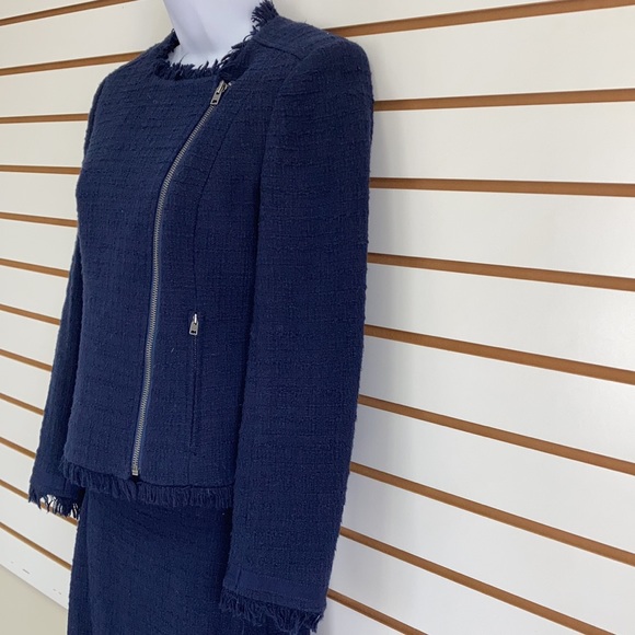 J. CREW Tweed Moto 2 pc Suit Set Jacket (6) ; Skirt (4) Navy Blue Tweed Fringe - Picture 11 of 16